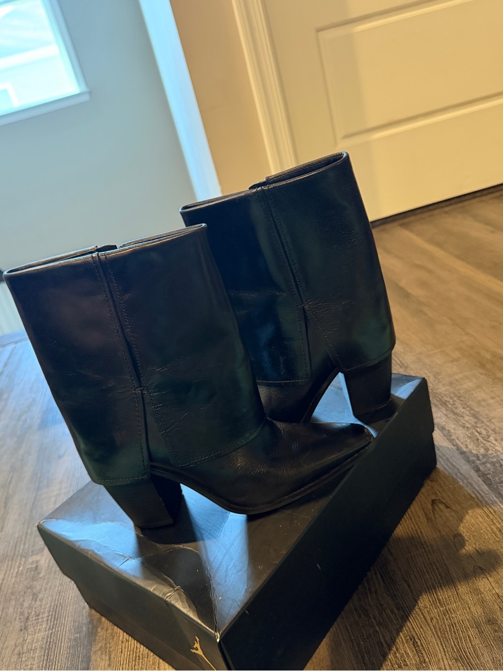 Vince Camuto Black Leather Mid-Calf Block Heel Booties